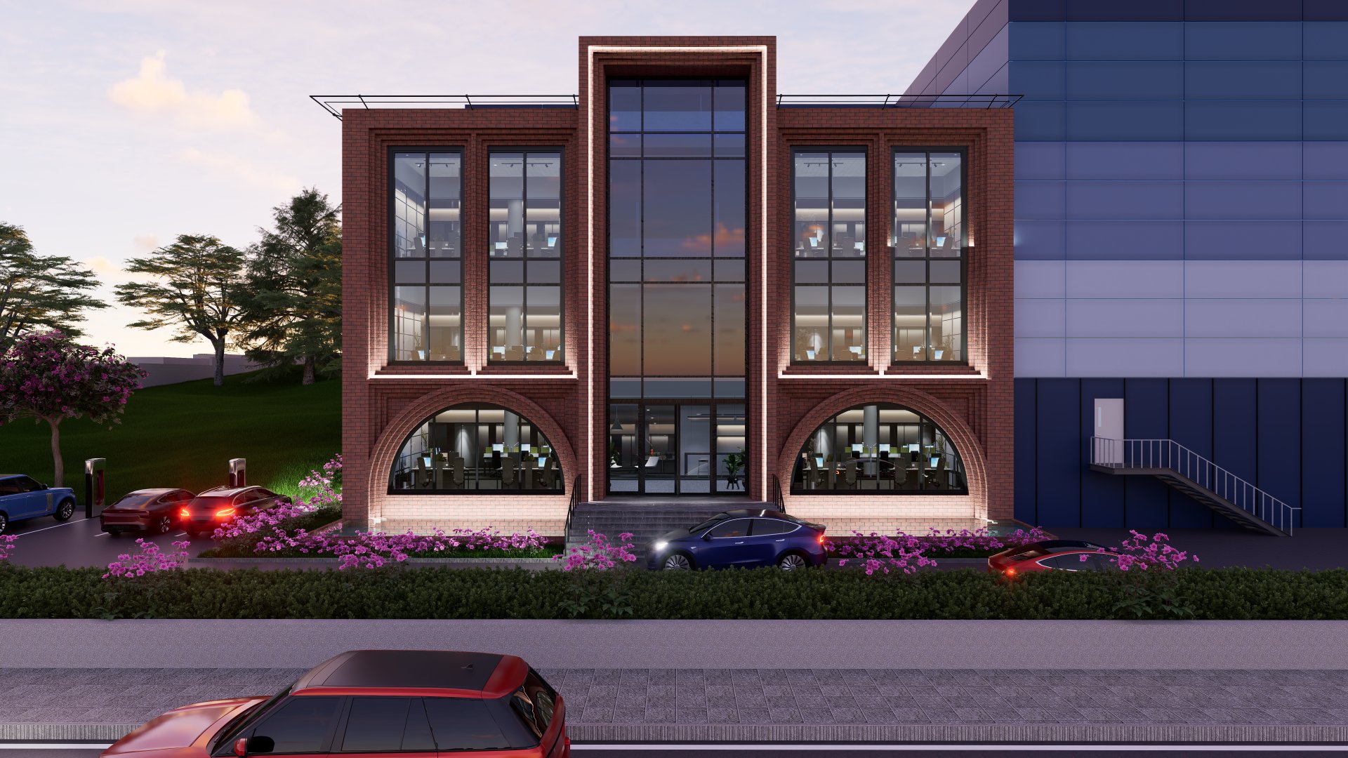 Koç Otomotiv Yalova OSB idari bina cephe tasarımı Konsept 1 render, önde yansıma havuzu