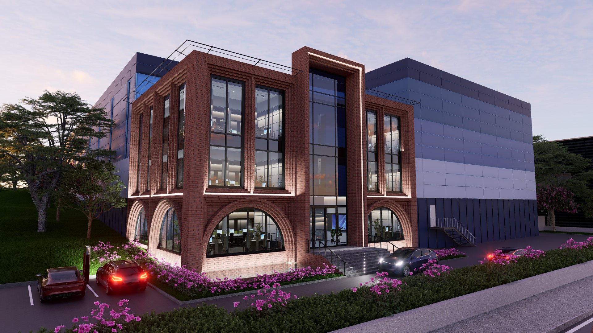 Koç Otomotiv idari bina Konsept 1 cephe render, kemer ritmi detayı