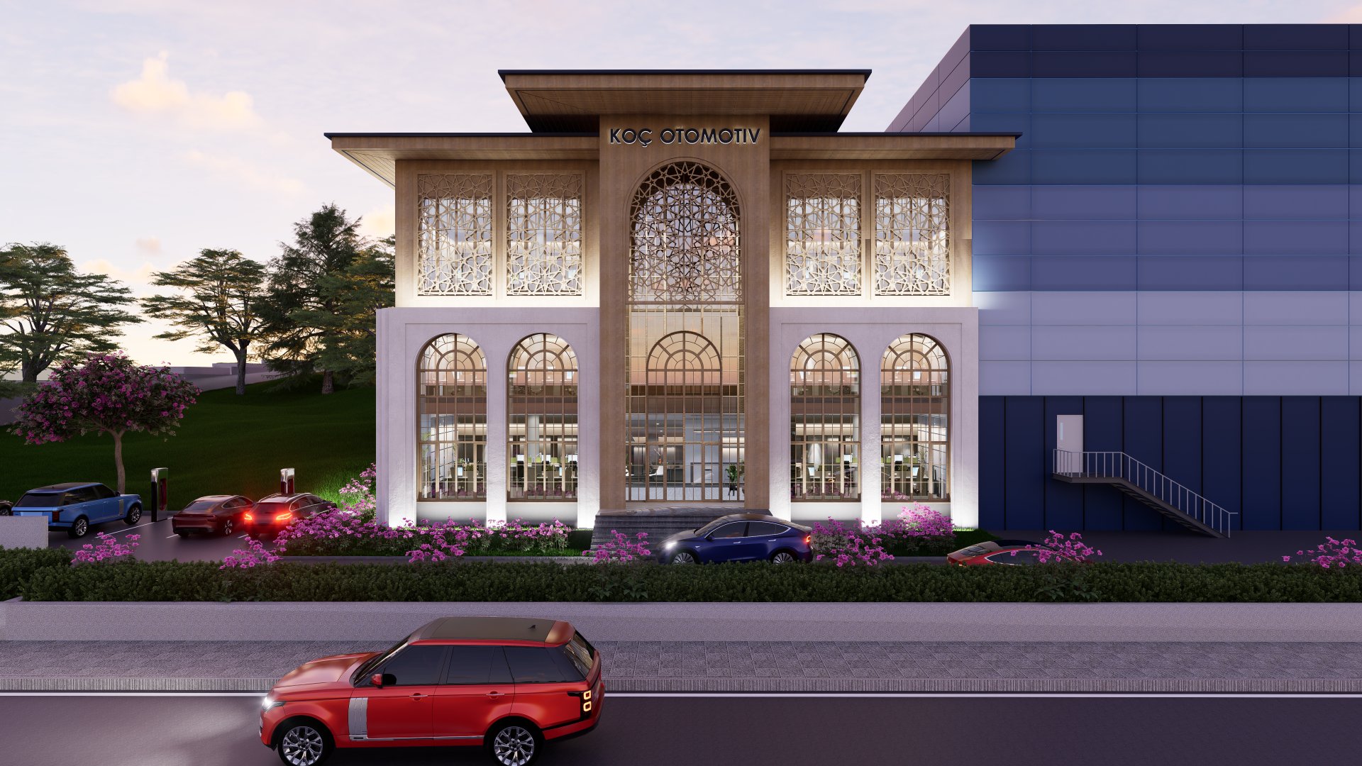 Koç Otomotiv Yalova OSB idari bina cephe tasarımı Konsept 2 köşk temalı render