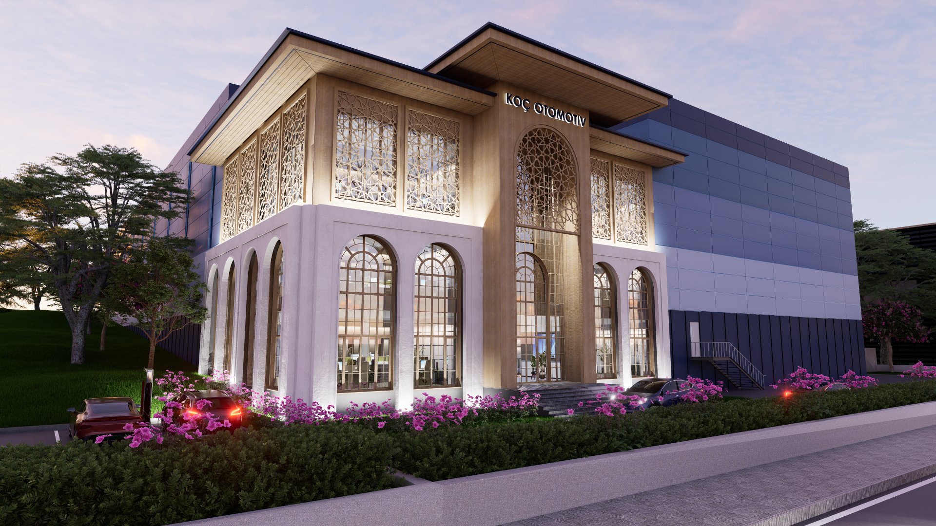 Koç Otomotiv idari bina Konsept 2 şebeke desenli cephe render