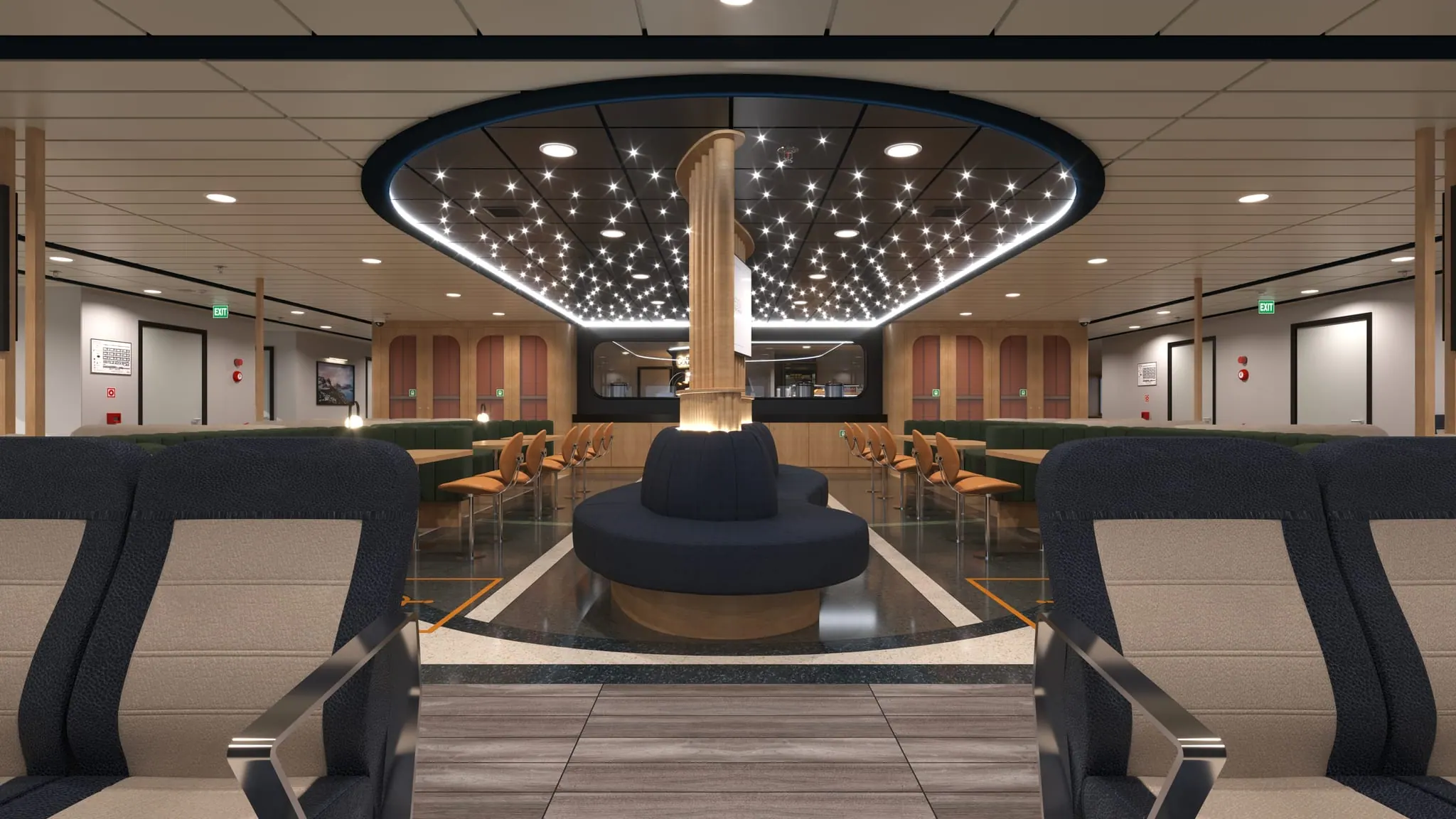 Seating groups set along the window line of the passenger deck