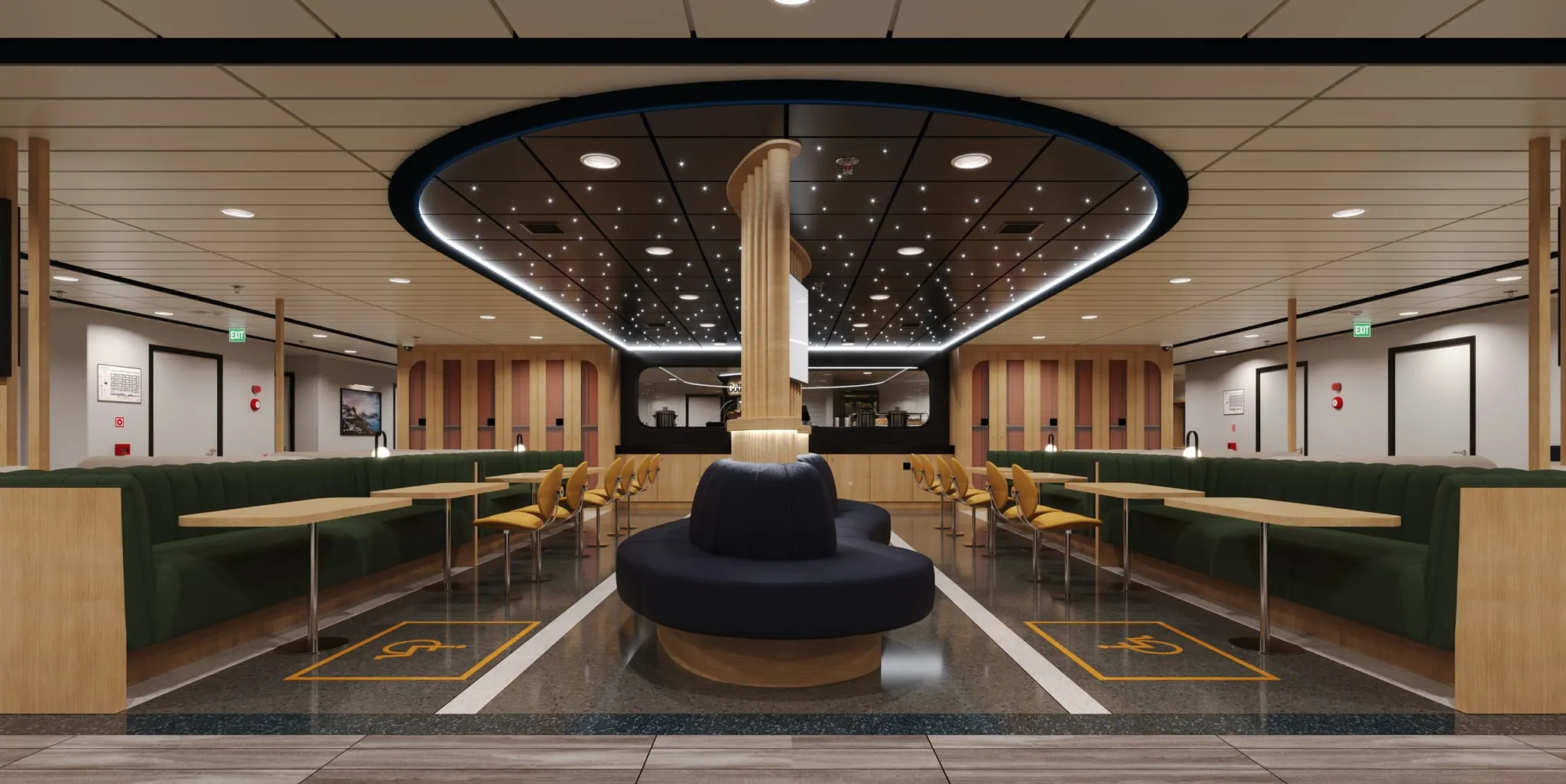 Circulation axis and lighting scheme in the ferry passenger lounge